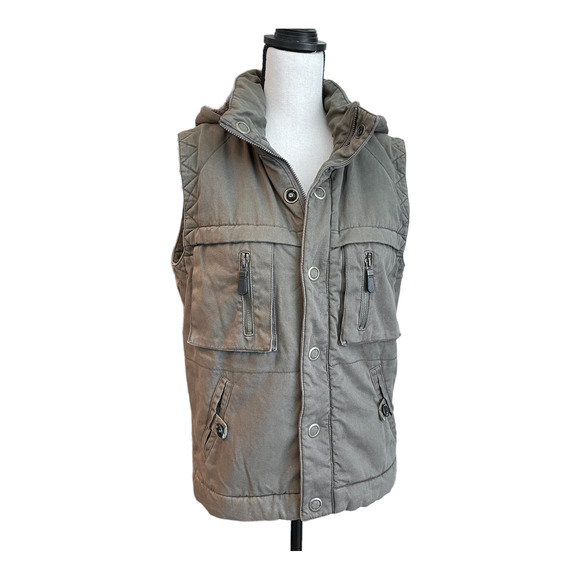 NSF Womens Army Khaki Green Cargo Zip Snap Hooded Vest Sz S - Picture 2 of 9